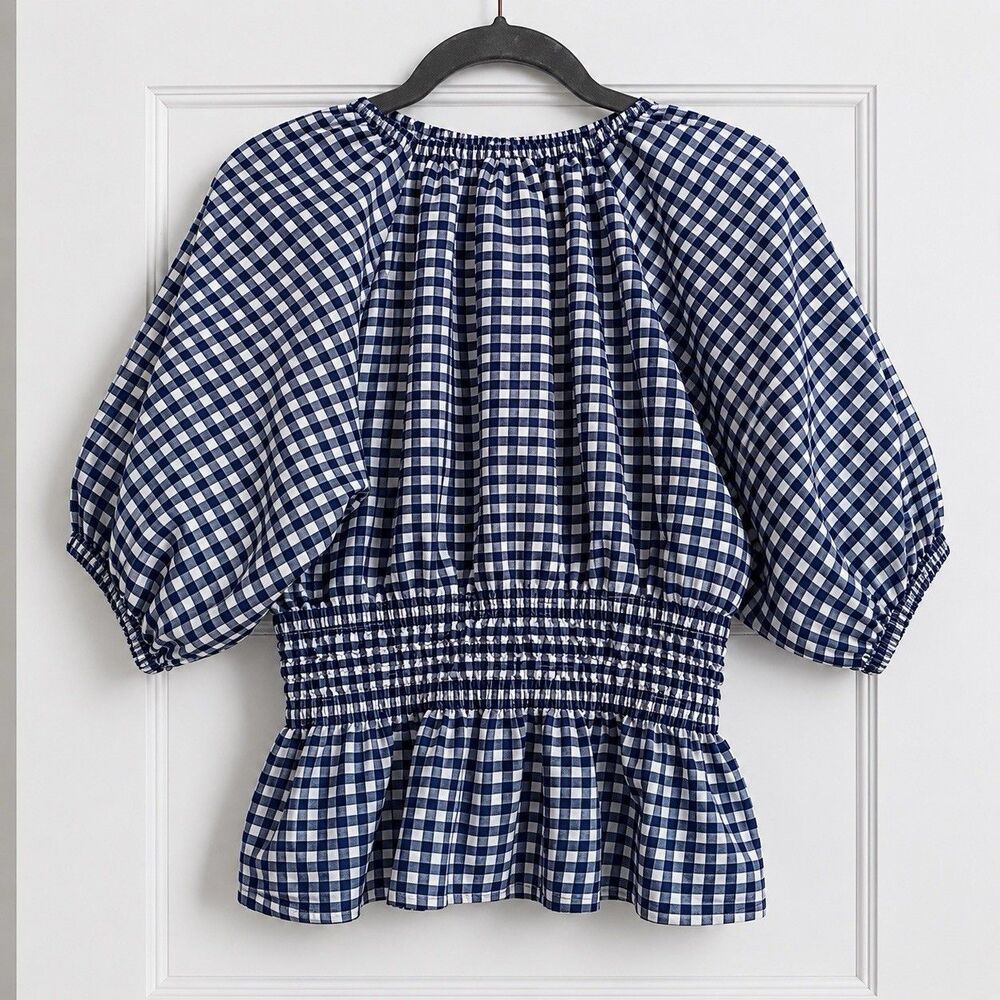 Old Navy Gingham Peplum Top Womens Small Navy White Puff Sleeve Smocked NWOT - Picture 2 of 4